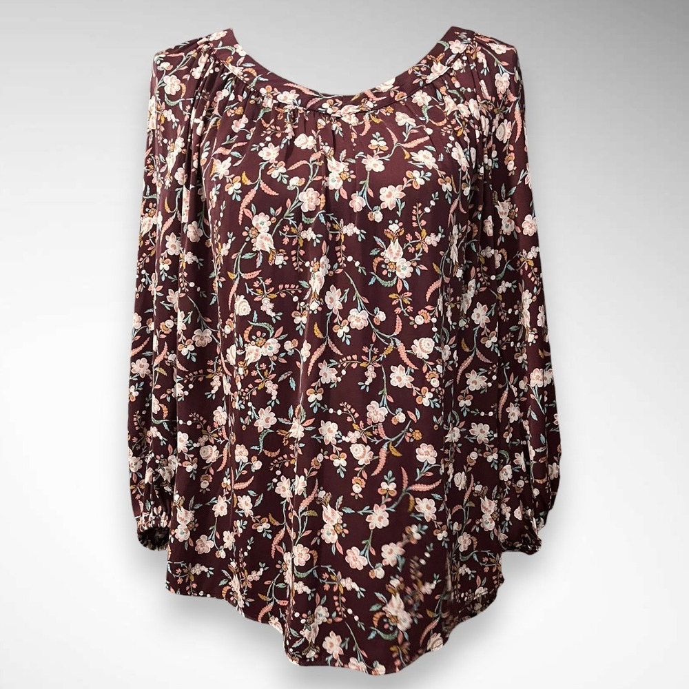 LC LAUREN CONRAD. Burgundy Floral Lightweight Long Sleeve Boho Top | EUC